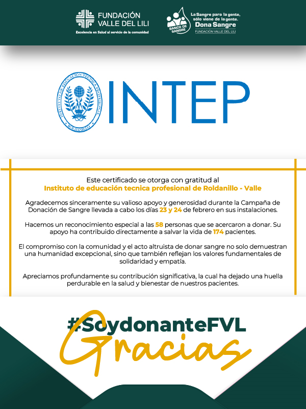 Certificado de agradecimientos Fundación Valle del Lili 