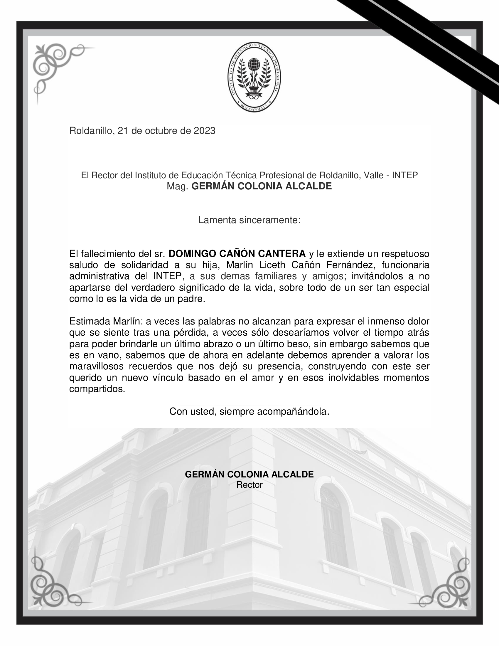 Condolencias Institucionales