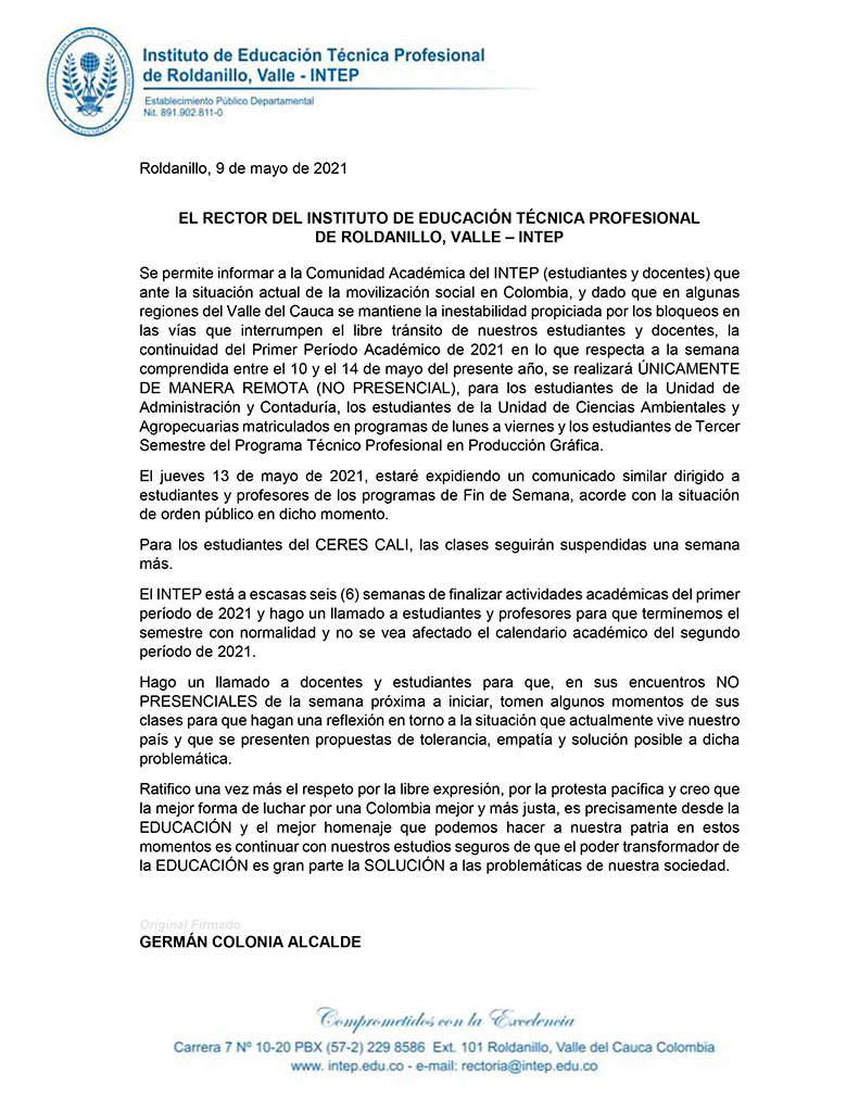 COMUNICADO A TODA LA COMUNIDAD ACADÉMICA