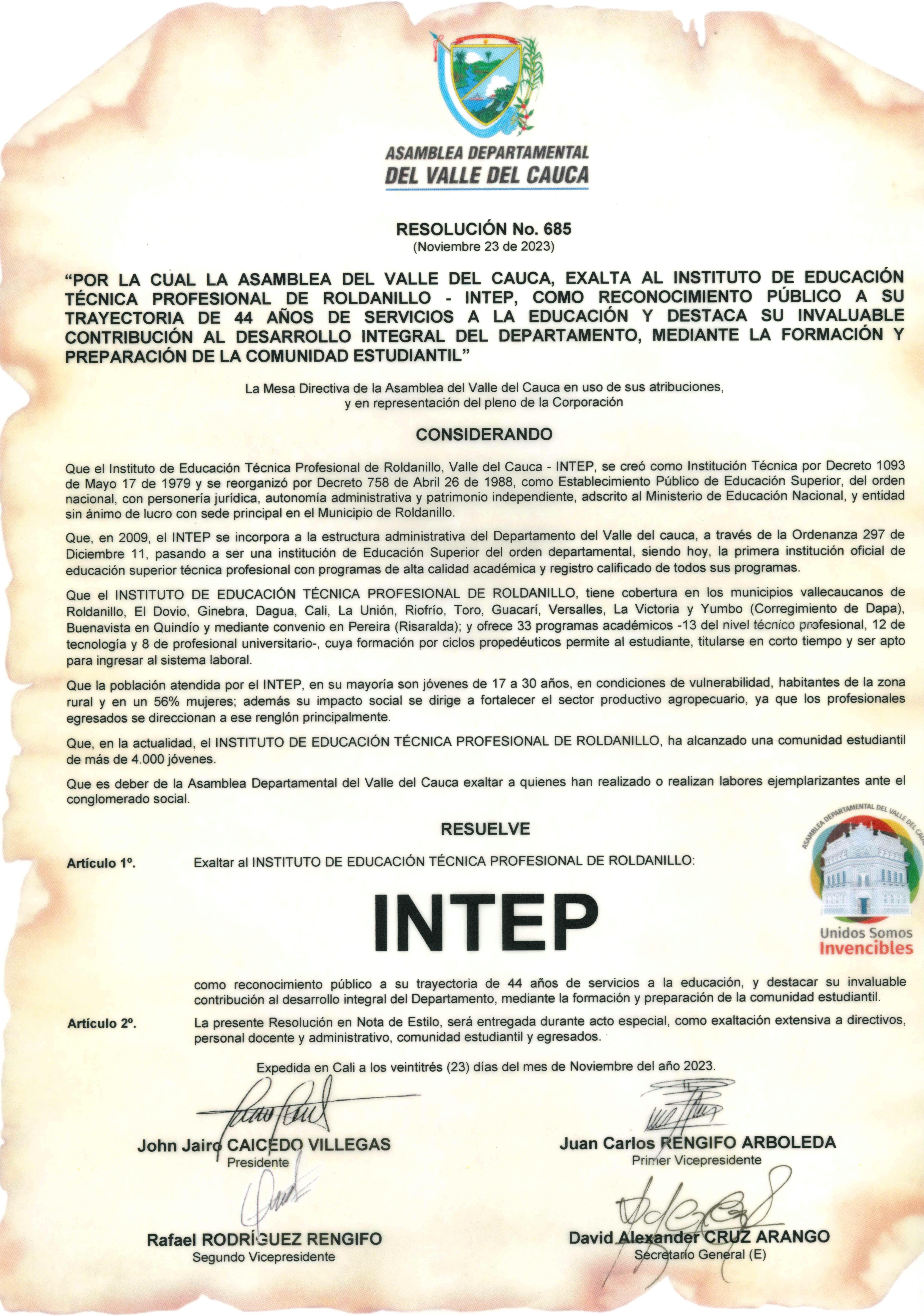 Asamblea del Valle del Cauca, Exalta al INTEP, reconocimiento público