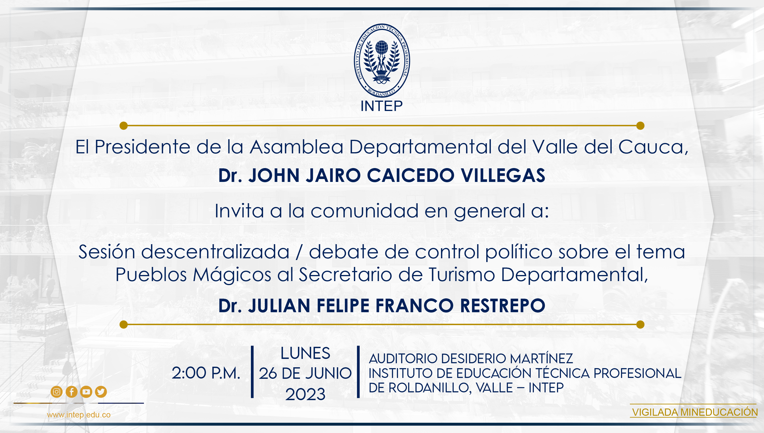 Invitación a sesión plenaria descentralizada / Asamblea Departamental del Valle del Cauca