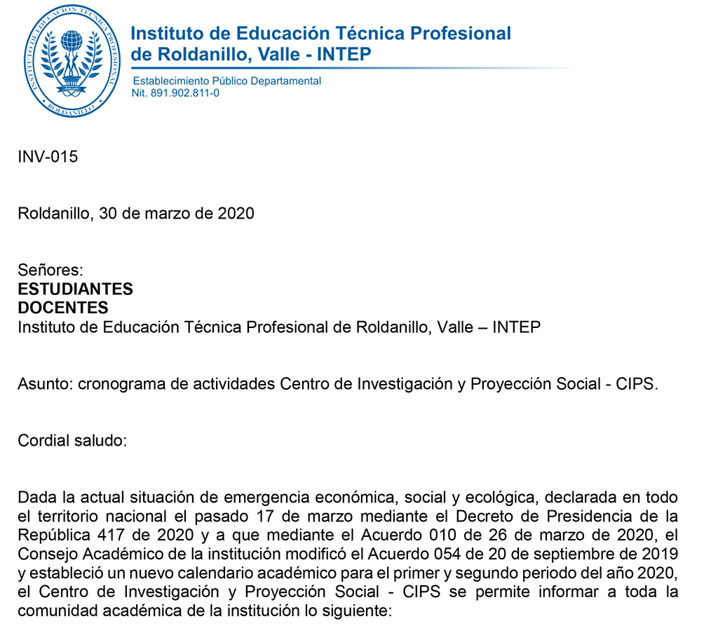 Cronograma de actividades Centro de Investigación y Proyección Social - CIPS.