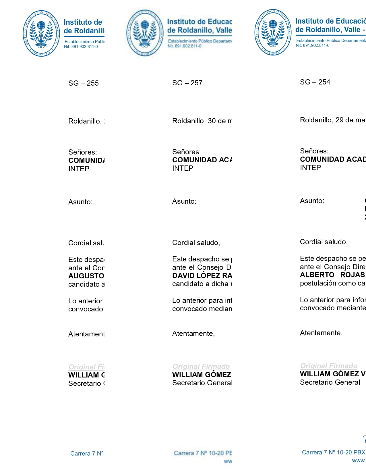 Comunicado de Renuncia de tres (3) candidatos a Repres. de los Egresados ante el Consejo Directivo