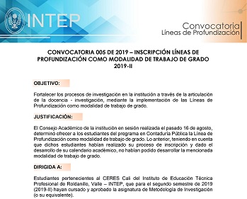 Inscripción Líneas de Profundización como modalidad de Trabajo de Grado 2019-II CERES Cali