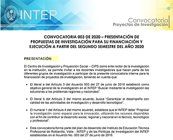 CONVOCATORIA 003 DE 2020 - PRESENTACIÓN DE PROPUESTAS DE INVESTIGACIÓN