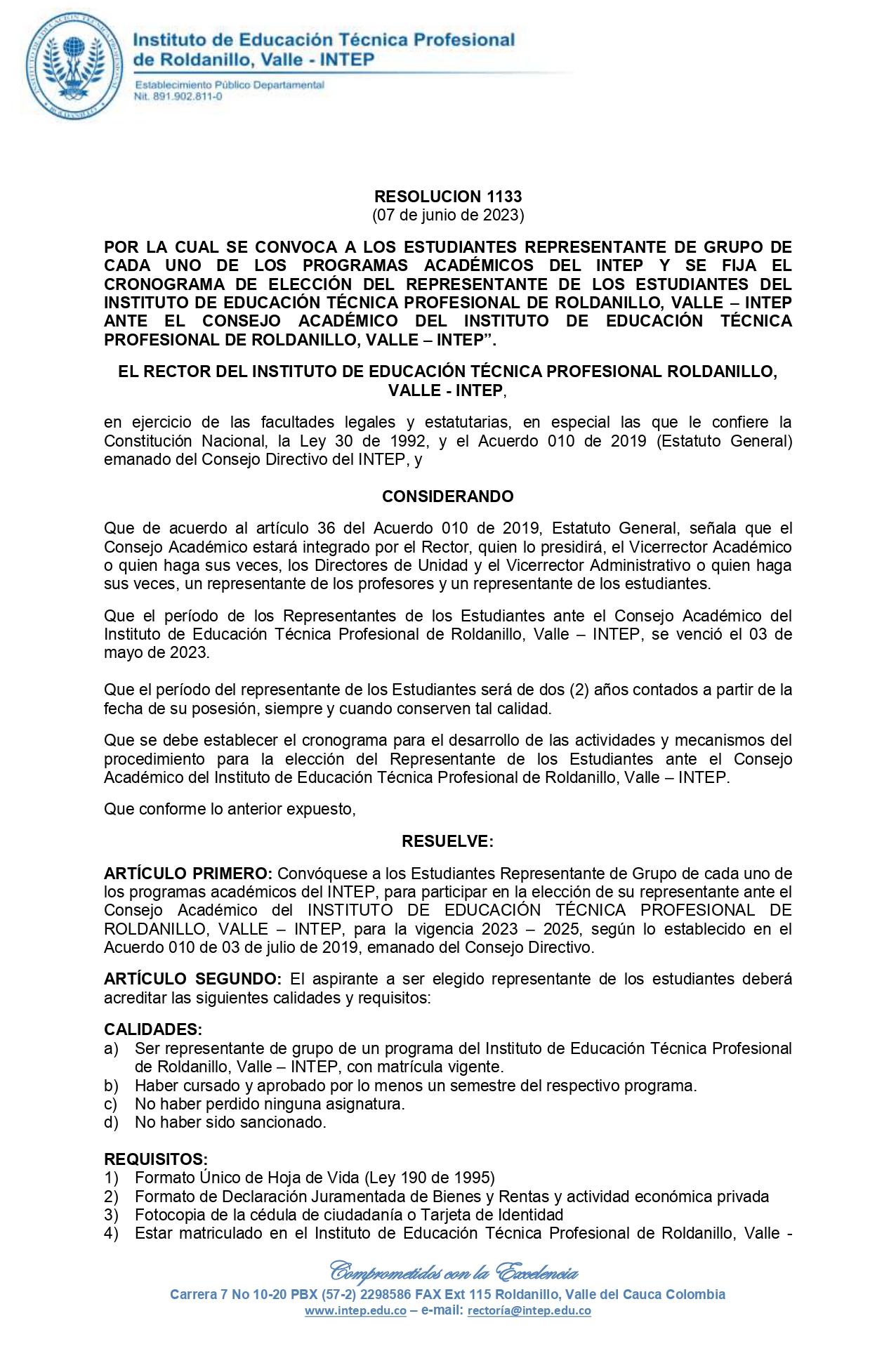 Convocatoria de Elección del Representante de los Estudiantes ante el Consejo Académico del INTEP