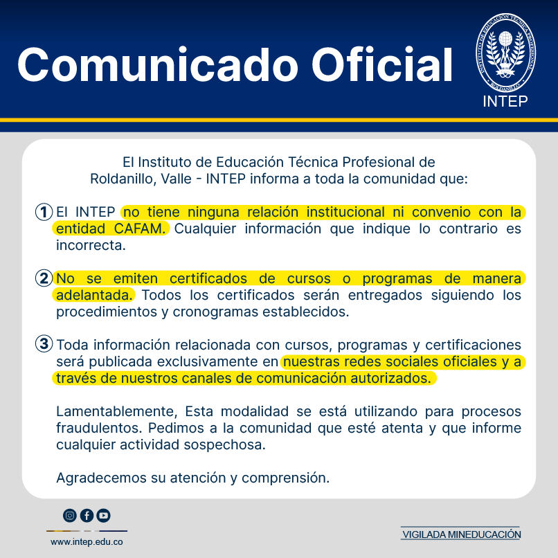 COMUNICADO OFICIAL DE LA INSTITUCIÓN