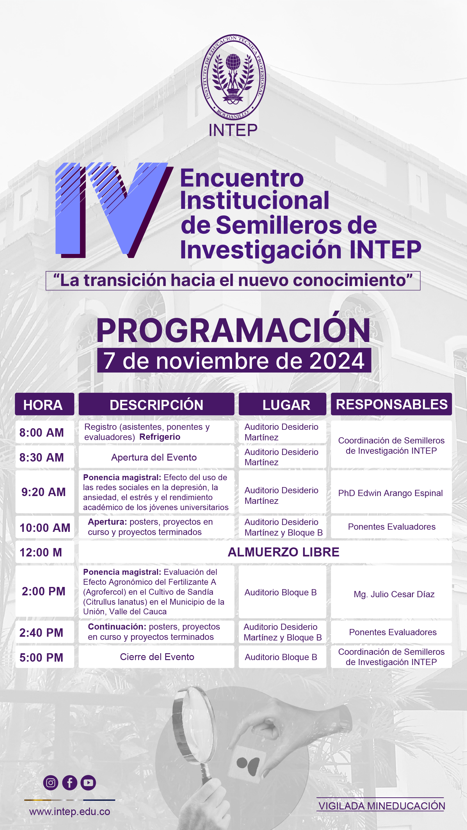 PROGRAMACIÓN  IV Encuentro Institucional de Semilleros de Investigación INTEP