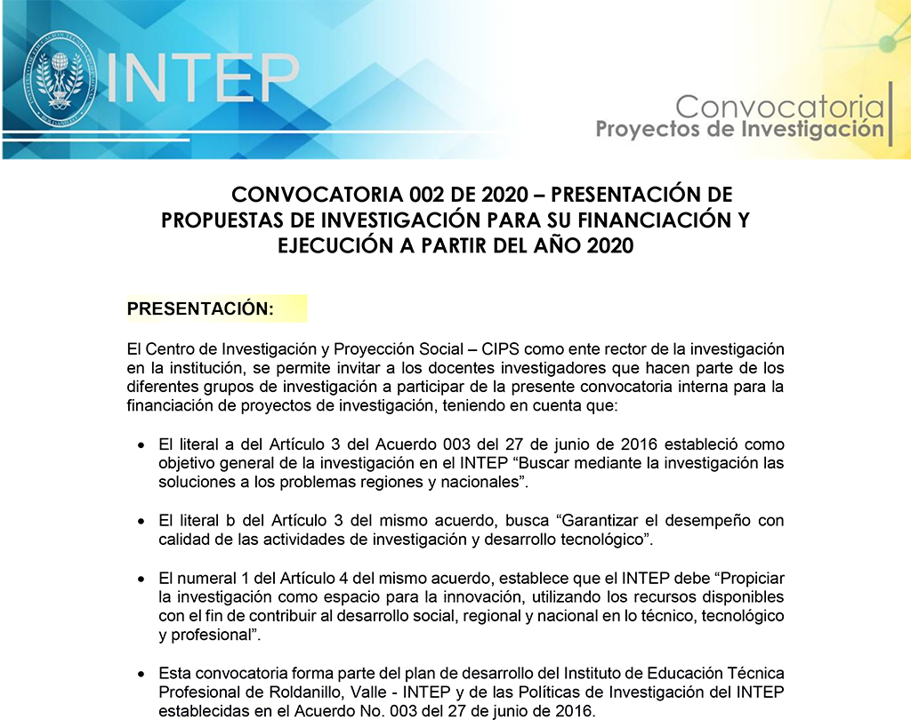 CONVOCATORIA 002 DE 2020 - PRESENTACIÓN DE PROPUESTAS DE INVESTIGACIÓN