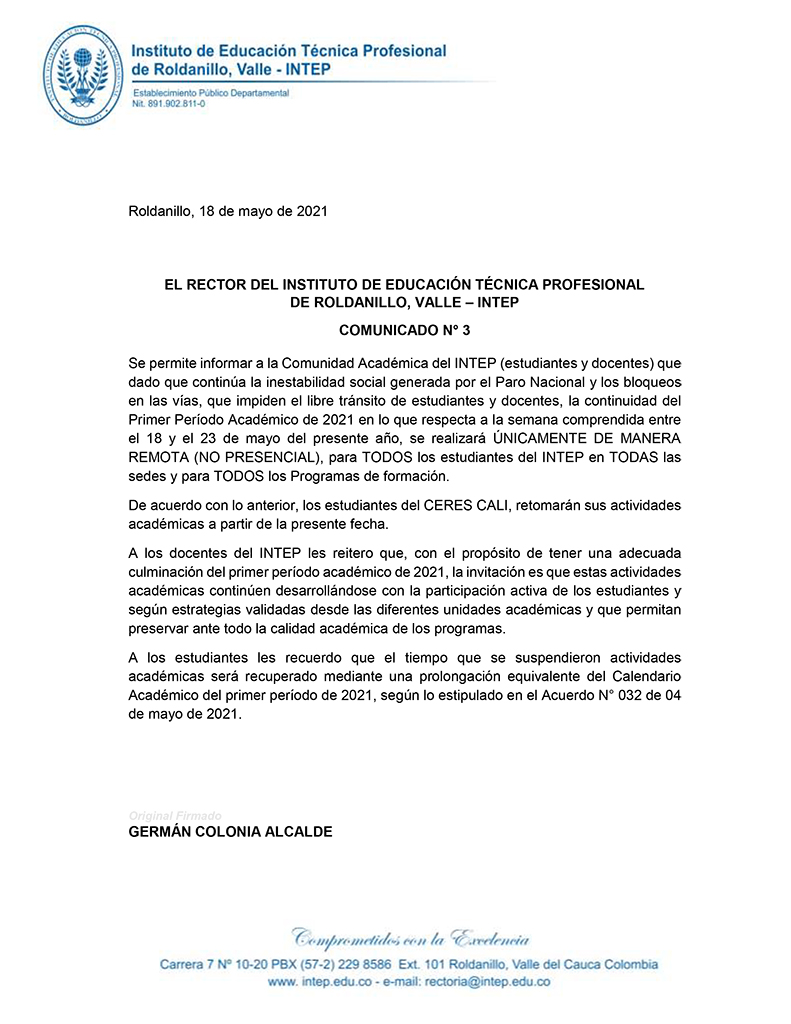 COMUNICADO No. 3 A TODA LA COMUNIDAD ACADÉMICA DEL INTEP