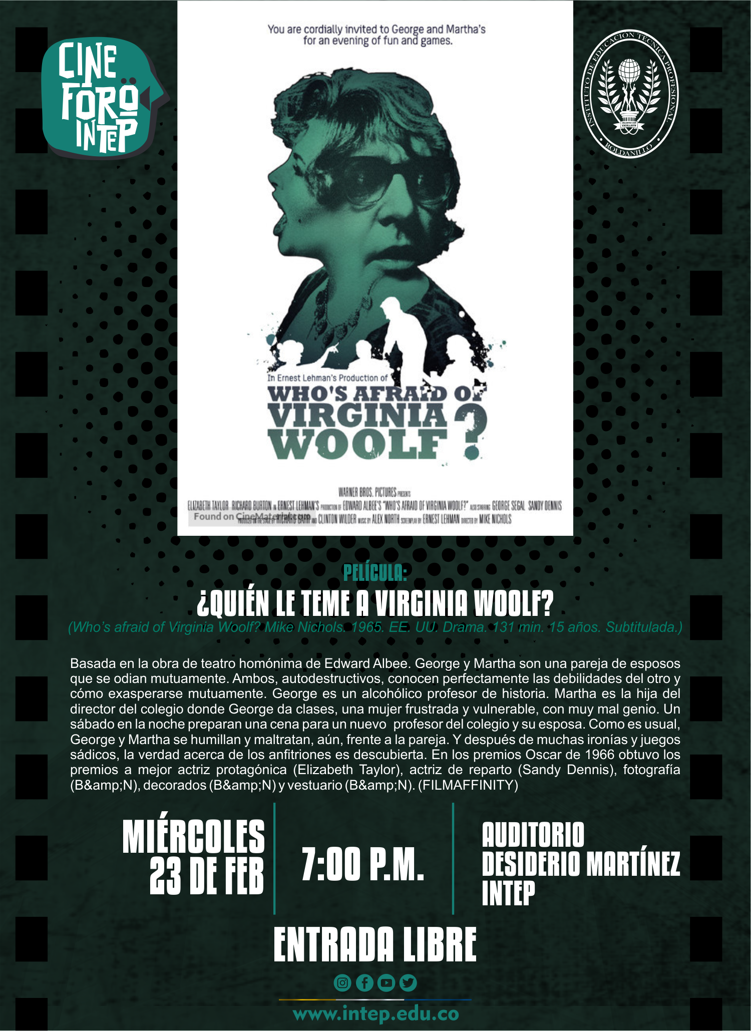 CINE FORO INTEP  PELÁCULA Â¿QUIÉN LE TEME A VIRGINIA WOOLF?