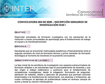 CONVOCATORIA 004 DE 2020 - INSCRIPCIÓN SEMILLEROS DE INVESTIGACIÓN FASE I